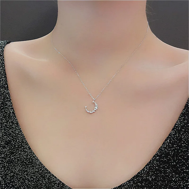 

New Arrivals Really Pure S925 Silver Irregular Moon Mosaic Cubic Zirconia Pendant Necklaces For Women Statement Necklace