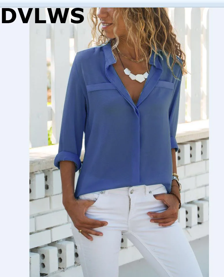 

2019 Spring Solid Color Long Sleeve Deep V Button Shirt Top for Women