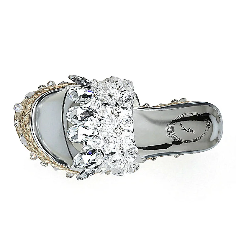 Genuino Plata Producto Cuña Mano Cuero Puros A Superior Mujeres Hechos Lujo Del Diamante Zapatillas De Zapatos Sandalias zqAwfza