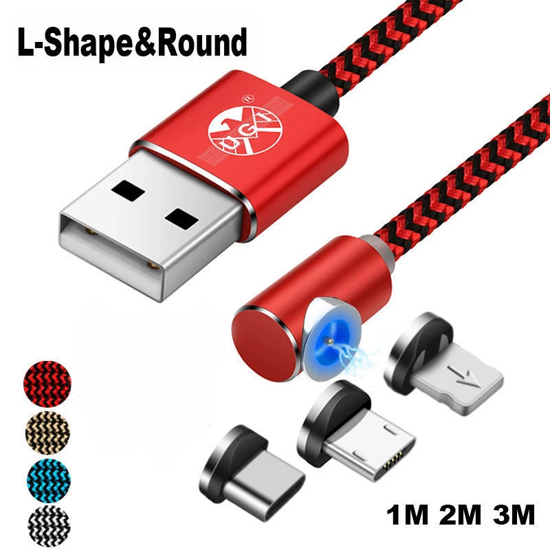 1 ~ 3M Магнитный Micro USB C 3 в 360 Круглый L дизайн LED 2.4A Быстрый зарядный кабель для Samsung