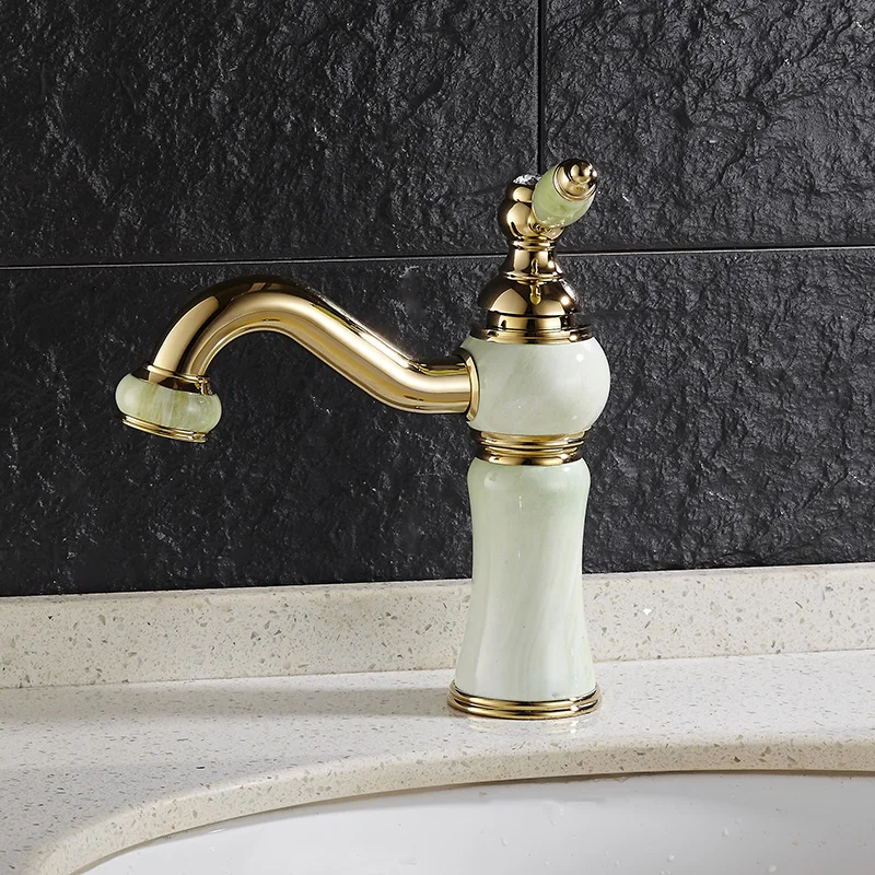 اليورو الذهب تصفيح الفاخرة حوض الحمام الحنفية واحدة مقبض الغرور بالوعة خلاط مياه الحنفية النحاس و اليشم حوض المغسلة الحنفية