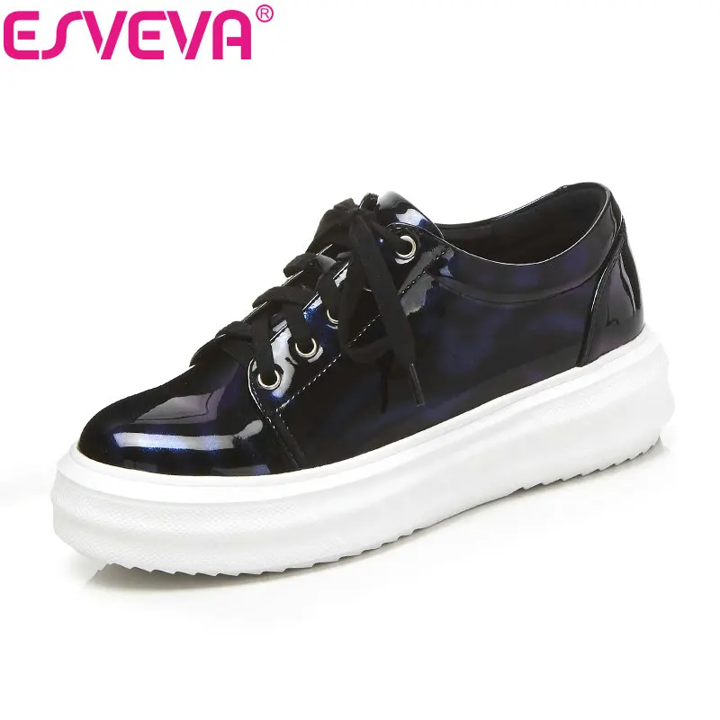 

ESVEVA 2018 Women Pumps Blue All Match Patent Leather Casual Shoes Spring Autumn Lace Up Ladies Platform Party Shoes Size 34-43