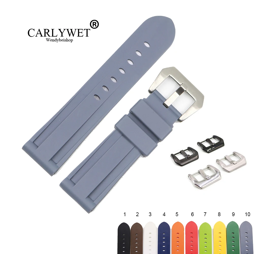 

CARLYWET 22 24mm Hot Sell Grey White Black Brown Waterproof Silicone Rubber Replacement Watch Band Strap For Panerai Luminor