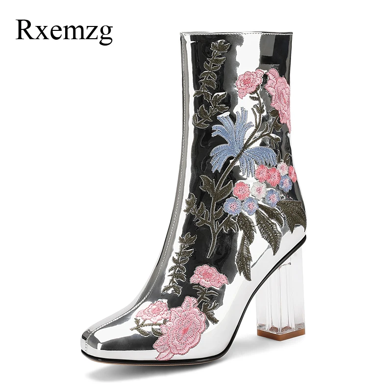 

Rxemzg chunky high heels short plush warm boots women winter square toe zip ladies boots fashion winter embroidered ankle boots