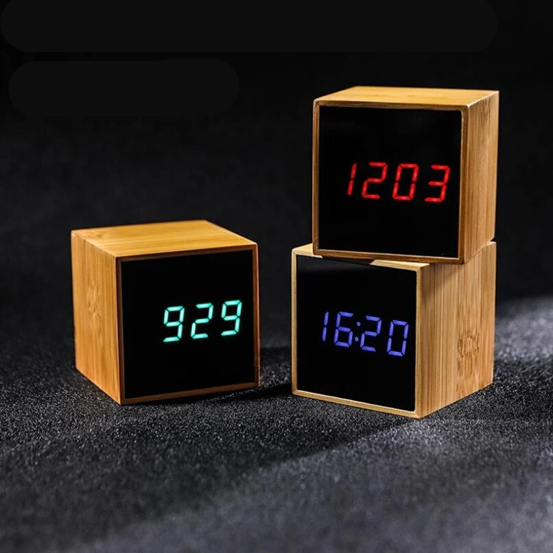 Bamboo Wooden Mirror Alarm Clocks Temperature Sounds Control Desktop Clock With Digital Watch Electronic LED Clocks Despertador