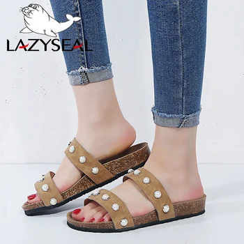 

LazySeal 2019 New Summer Slides Woman Shoes Cork Slippers Women Pearl Sandals Flip Flop Holiday Beach Slides Plus Size 35-44