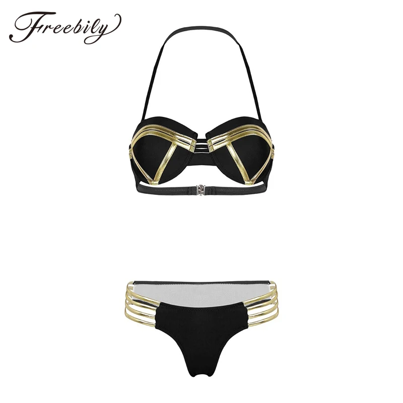 

2Pcs Women Sexy Lingerie Bra Brief Sets Bandeau Push up Padded Underwired Bra Top with Strappy Triangle Briefs Bikini Swimsuit