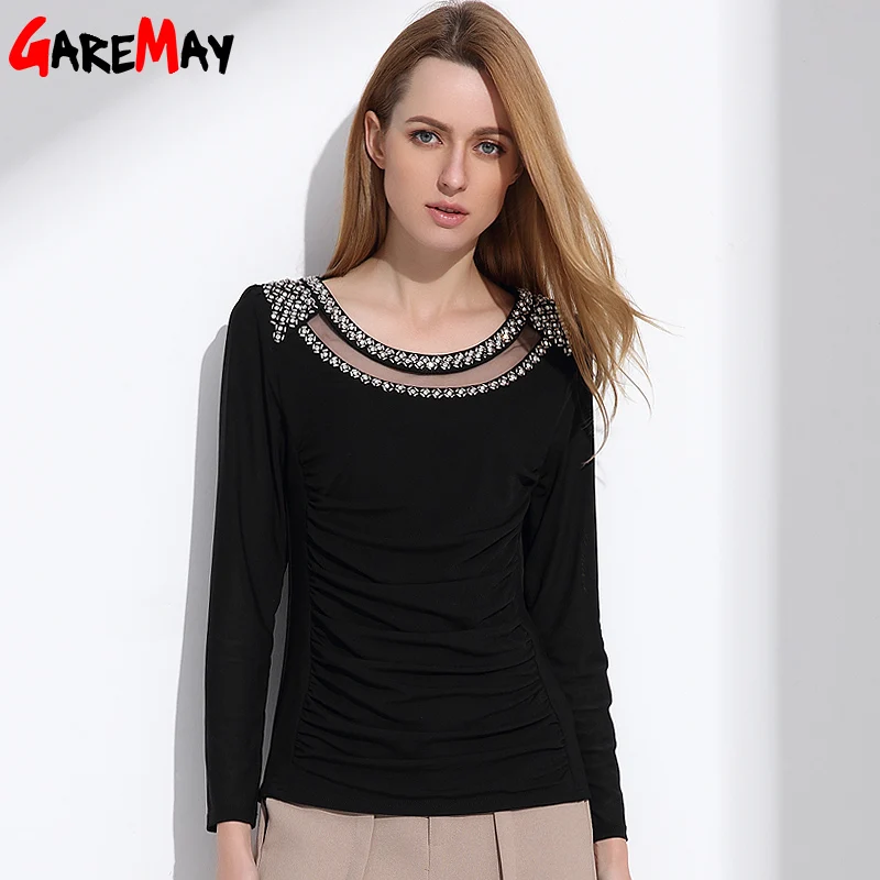 GAREMAY Women Long Sleeve Blouses Beading Spring Elegant