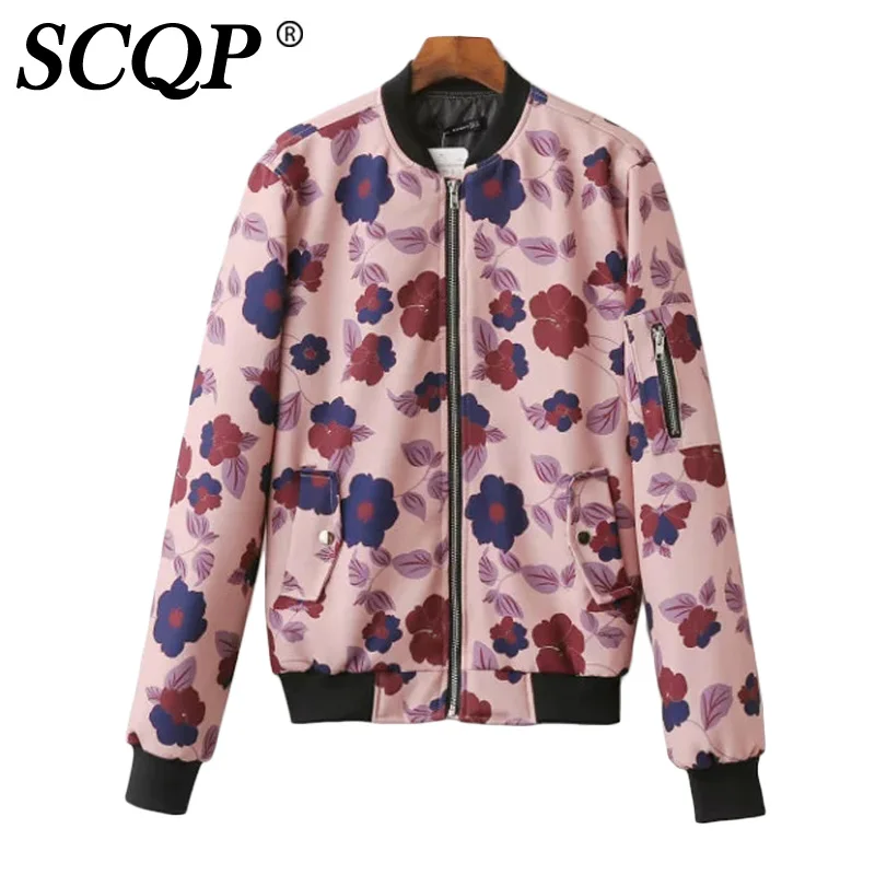 Floral Printed Pink Satin Bomber Jacket Ladies Casual Zippers Jacket