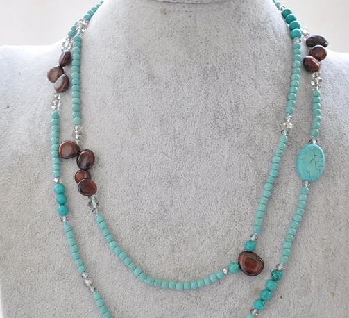 

huij 004334 40" 4mm blue Turquoise bead tiger's-eye Melon seed necklace