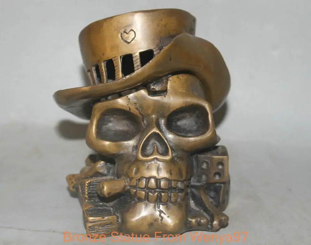 

SS 5" China Bronze Human Skeleton Death's-Head Smoking Skull Head Hat Art Statue