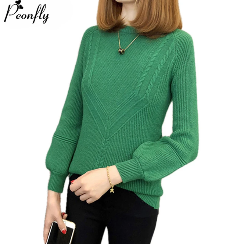 

PEONFLY Candy Colors Sweater Female Autumn Sweater Women Long Sleeve Knitted Tricot Pullovers Jumper Pull Femme Green
