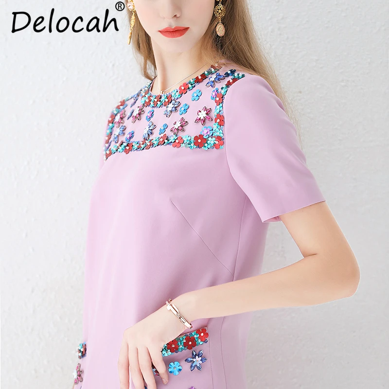 Delocah Women Summer Dress Runway Fashion Designer Short Sleeve Beading Appliques Elegant Casual Holiday Party Loose Dress 2019