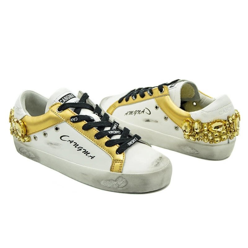 CANGMA/ бренд; цвет золотой, белый; Женская обувь в винтажном стиле; кроссовки из натуральной кожи со стразами; женская обувь на плоской подошве с украшением в виде кристаллов
