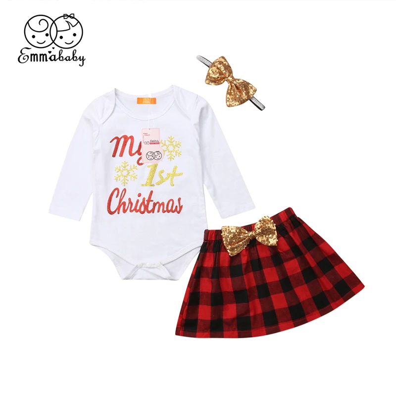 

Newborn Baby Girls Clothing Set Toddler Kid My First Christmas Bodysuit Plaid Party Tutu Skirt Sequin Bow Headband 3Pcs Outfit