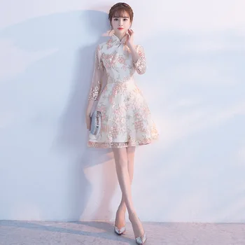 

Pink Modern Chinese Dress Qipao Sexy Cheongsam Beige Dresses Casual Women Lace Traditional Evening Gown Vestido Oriental Wedding