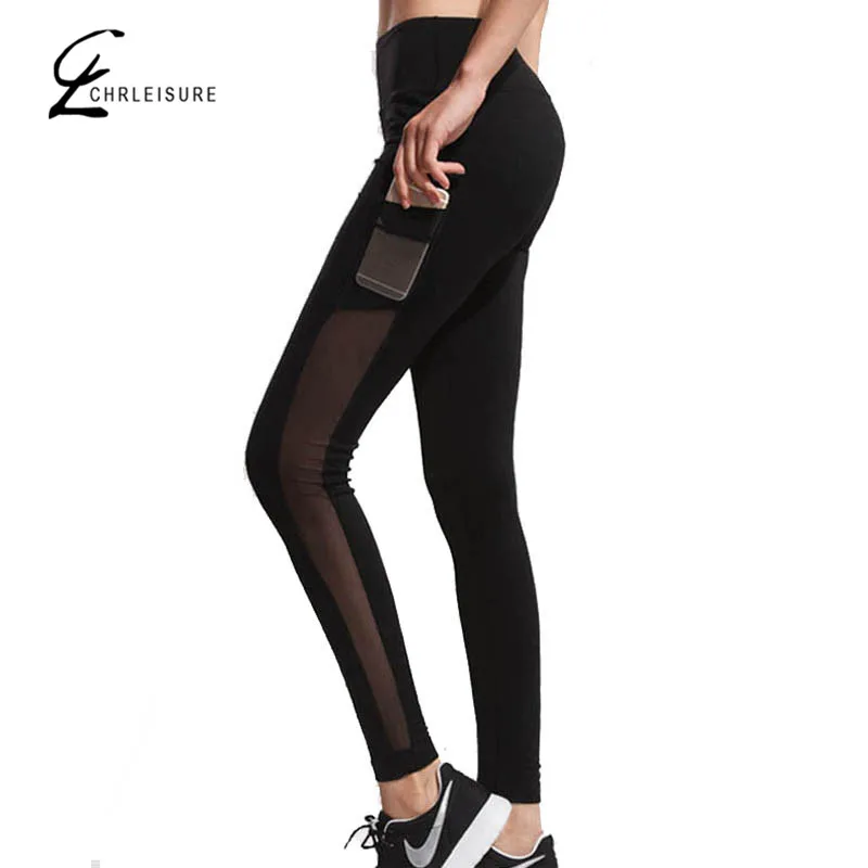 

CHRLEISURE S-XL Women Mesh Leggings with Pocket Fashion Workout Legging Fitness Clothing Slim Stretch Black Leggings Women