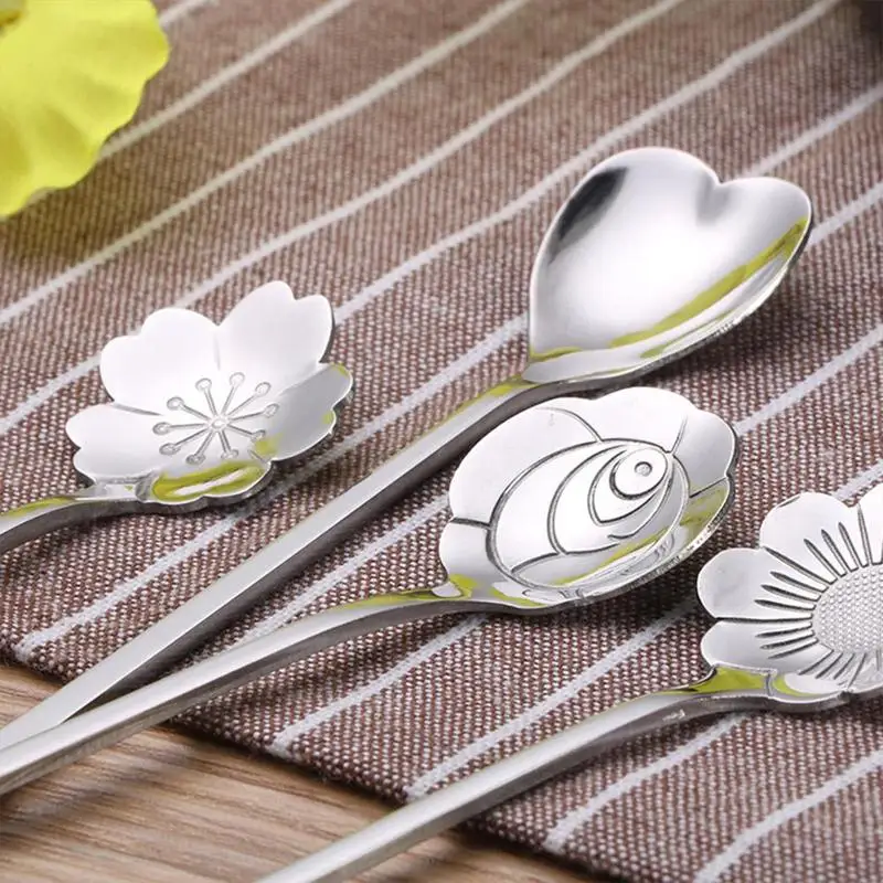

1pc Long Handle Flowers Shaped Stirring Spoon Stainless Steel Flatware Ice Dessert Coffee Spoon Dinnerware Kitchen Accessories