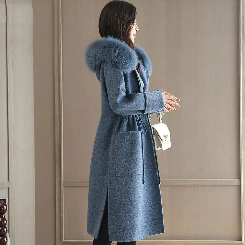 Высококачественное Женское зимнее длинное шерстяное пальто с меховым воротником, модная женская теплая куртка с капюшоном и разрезом сбоку, ветровка f1243