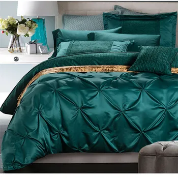 

European luxury satin washed silk 4pcs full/queen/king size 100%cotton turquoise bedding wedding ruffle argyle bed set
