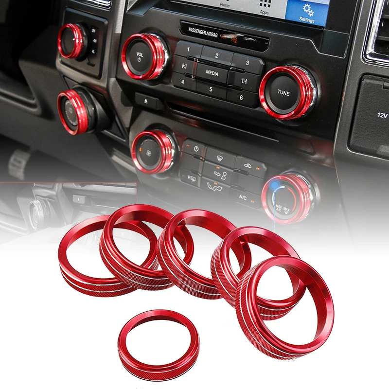 

6pcs car air Conditioning Audio Switch Knob Rings Red Aluminum alloy 43x12mm auto interior Cover Trim accessories for Ford F150