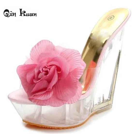 

Qin Kuan Women Sweet Princess Shoes Sexy Transparent Sandals Wedge Shoes New Ladies Flowers Sandals Party Shoes 34-40 Size