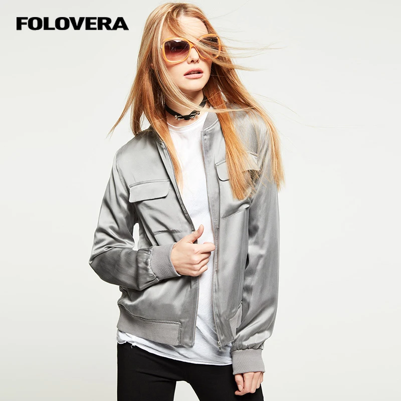 Folovera 2017 New Silk bomber Jacket Bomber Jacket Long Sleeve loose