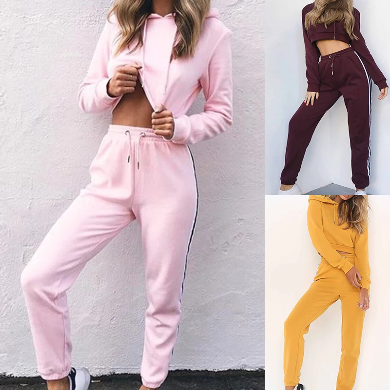 Women's Hooded Crop Tops Sweatshirt Long Pants Trousers Casual Clothing Suit New