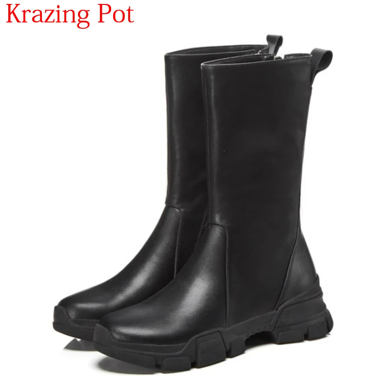 

2018 Superstar Handsome Winter Shoes Genuine Leather Med Heels Round Toe Solid Increased Zipper Chelsea Women Mid-calf Boots L01
