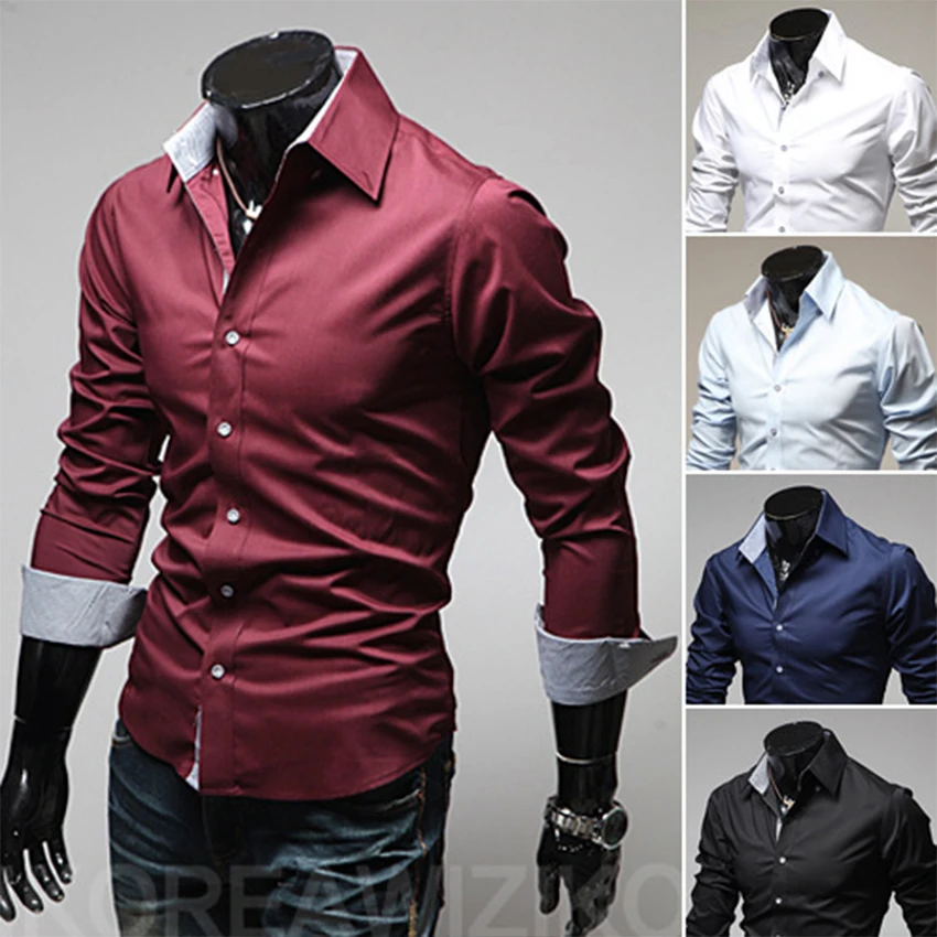 2018 Мужская модная повседневная Однотонная рубашка с длинными рукавами Slim Fit
