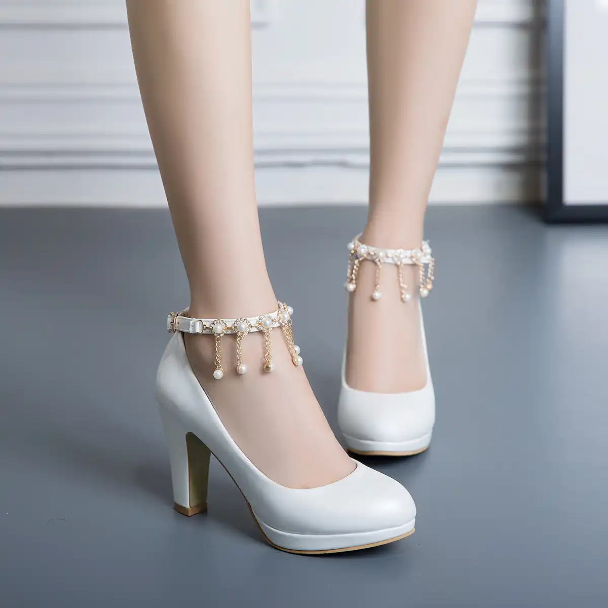 Women Platform Heels High Heel Shoes Woman Buckle Diamond Pearl