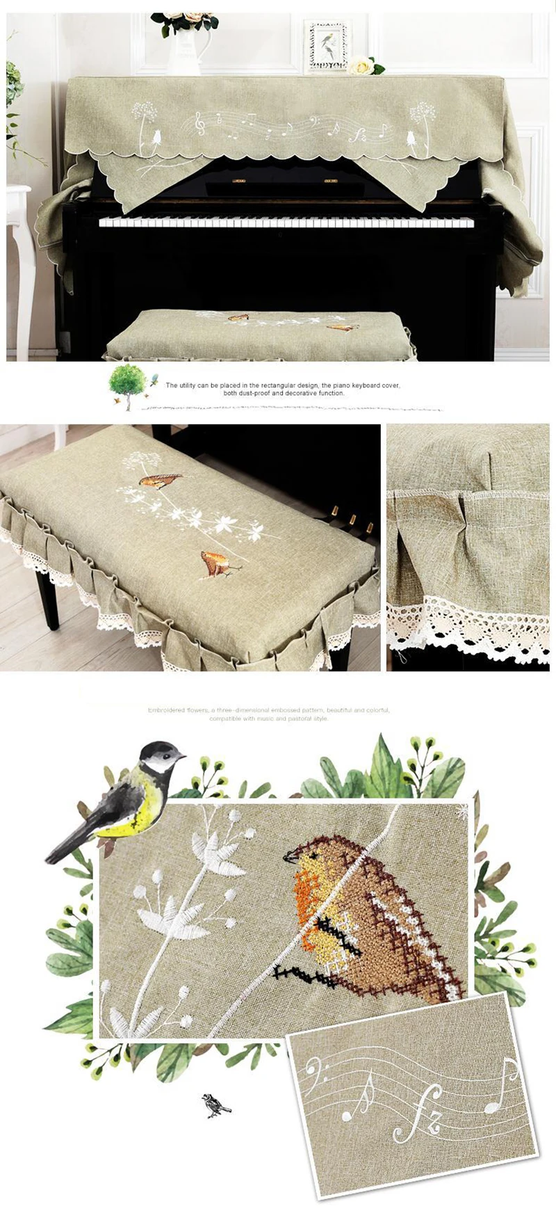 Половина и полный Чехол для пианино с чехлом для стула стиль содержит натуральные сельские европейские кружевные птицы EmbroideryDust-Proof