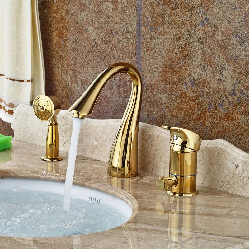 

Deck Mount 3pcs Widespread Swan Neck Spout Bathtub Faucet With One Handle Mixer Tap