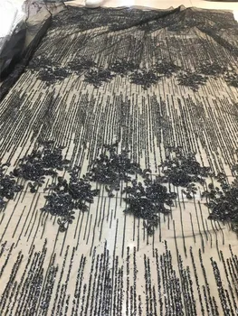 

Black color bridal glued glitter lace fabric for wedding dress glued glitter beads sequins lace fabric H-181015