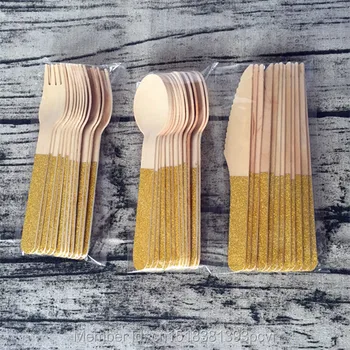 

Free Shipping 36pcs Glitter Gold Disposable Wooden Cutlery for Wedding Party Favor Twinkling Spoons Forks Knives Party Supplies
