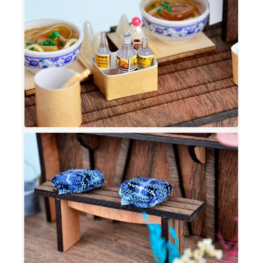 DIY Handcraft Miniature Project Wooden Dolls House Antique Handpulled Noodles Shop with LED Lights Furniture Home Decor