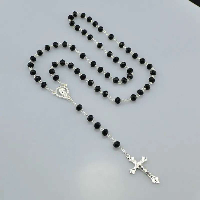 

Catholic Religious Women Silver Plated Christian Virgin Mary Rosary Necklace Jewelry Black Crystal Prayer Beads