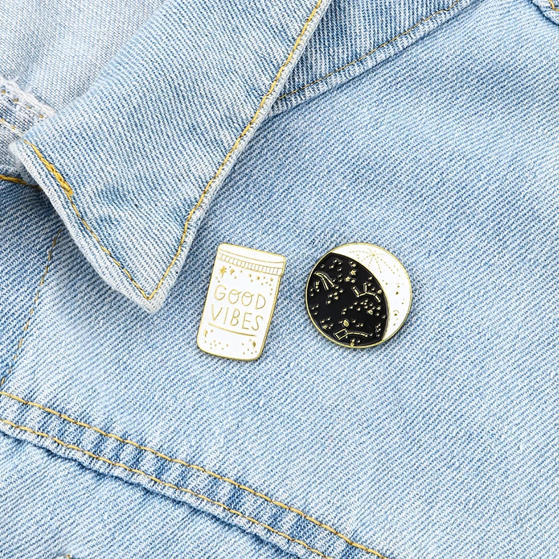 

2pcs/set Cartoon Black White Constellation Moon Good Vibes Brooch Pin Space Stars Jacket Collar Enamel Pin Badge Jewelry Gift