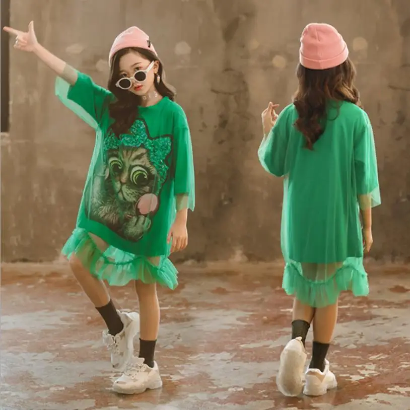 

Teenage girls mesh dress 2019 summer new cartoon pattern cute dress children green elegant dress kids fashion clothes ws847