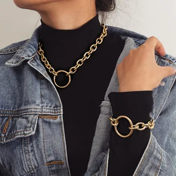 Punk Style Bracelet exagéré métal collier femelle Simple géométrique cercle rétro gothique chaînes or chaîne 2019 ensemble N39