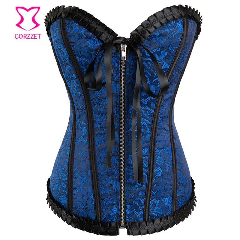 Blue/Black Floral Jacquard Overbust Corset Sexy Gothic Bustier Top