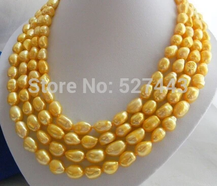 

Wholesale p&p 4Strands 18'' 9MM Golden Baroque Freshwater Pearl Necklace AAA