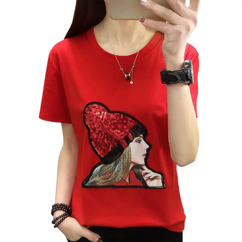 

Shintimes 2019 Fashion Sequin Girl T-shirt Cotton Short Sleeve Women Tshirts Summer Casual Harajuku T Shirt Femme Top Plus Size