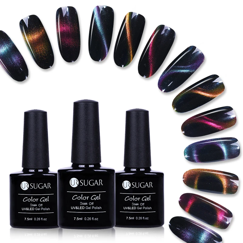 

UR SUGAR 5Pcs 7.5ml 3 Bottles 3D Chameleon Cat Eye Magnetic Soak Off UV Gel Polish Set & Black Color Gel Polish & Magnet Stick