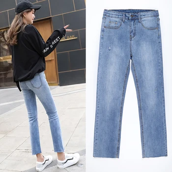 

WKOUD 2019 Spring Jeans Korean Style Washed Skinny Straight Ankle-Length Pants Women Stretch Jeans Casual Denim Trousers P8774