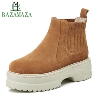 

ZALAVOR Fashion Women Real Leather Nubuck Leather Cool Boots Shoes Women Slip On Winter Warm Boots Thick Fur Shoes Size 34-39