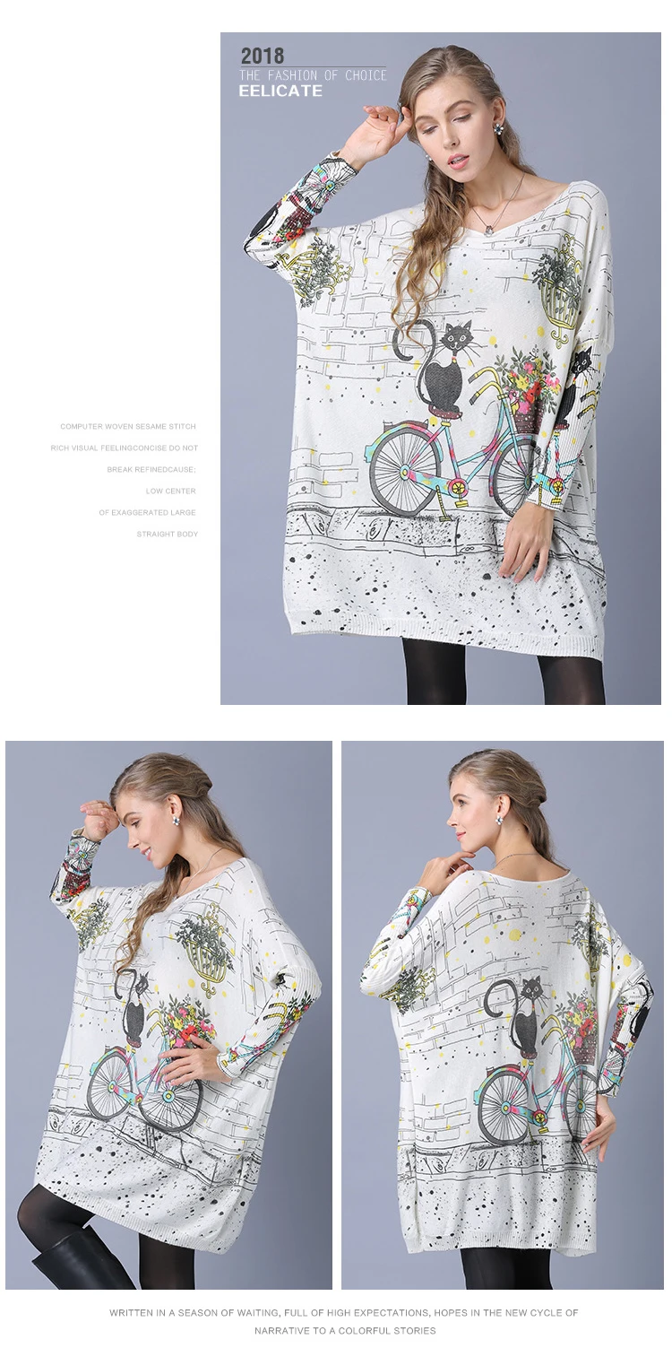 New autumn and winter women's one-piece collar cartoon cats print long-sleeved pullover knit shirt shirt shirt (4)