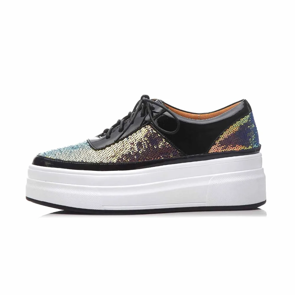 Plataforma Gradiente Vaca Olla Plana Cuero L83 Zapatos Acogedor Tela Punta Con Casuales Vulcanizados Color Bling Lentejuelas Zapatillas De blanco Krazing Redonda Negro FzCdYPnqwq