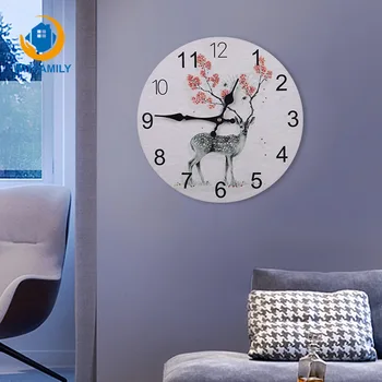 

Living Room Round Deer Clock Home Hanging Table Bedroom Mute Solid Wood Creative Clock Retro Clock Home Decoration