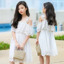 Летнее белое кружевное платье принцессы на бретельках с открытыми плечами для девочек-подростков модная одежда для девочек от 3 до 14 лет, хлопковое платье детские костюмы